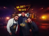 Tubsey, Big Zuu and Hyder in the promotional artwork for Big Zuu’s Big Eats series 3 (Credit: UKTV/Adam Lawrence)