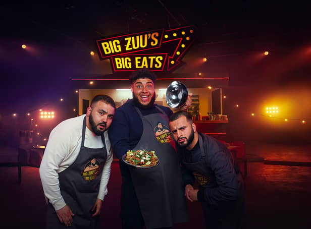 <p>Tubsey, Big Zuu and Hyder in the promotional artwork for Big Zuu’s Big Eats series 3 (Credit: UKTV/Adam Lawrence)</p>