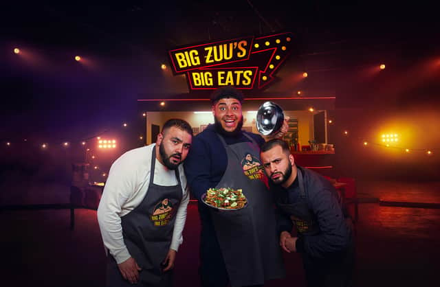 Tubsey, Big Zuu and Hyder in the promotional artwork for Big Zuu’s Big Eats series 3 (Credit: UKTV/Adam Lawrence)