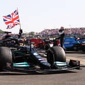 Hamilton celebrates his 2021 win at Silverstone