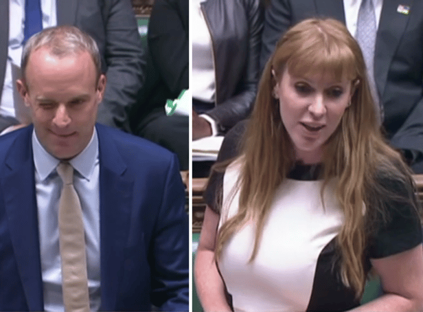 <p>Deputy Prime Minister Dominic Raab raised eyebrows after winking at deputy Labour leader Angela Rayner as he stepped in to lead PMQs. (Credit: Parliamentlive.tv)</p>