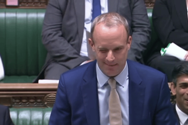 Dominic Raab fired a wink in the direction of the Labour frontbench after accusing Angela Rayner of “flip-flopping” on her comments about the RMT rail strikes. (Credit: Parliamentlive.tv)