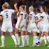 England Lionesses celebrate scoring against Belgium in 2022