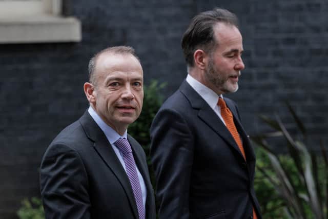 Chief Whip Chris Heaton-Harris (L) and Chris Pincher (R) leave 10 Downing Street on February 8, 2022 (Getty Images)