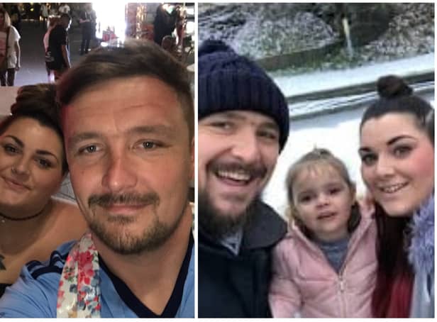 <p>Dad-of-three Liam Bradley was just 30 years old when he found out he had mesothelioma. Pictured with his wife Briony and daughter Nevaeh.</p>
