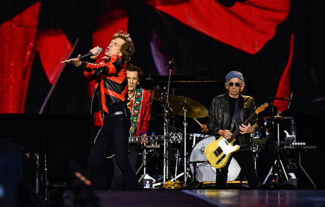 Mick Jagger, Keith Richards and Ronnie Wood of The Rolling Stones performing during The Rolling Stones sixty years on concert at Anfield on June 09, 2022