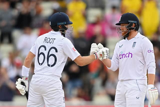 Joe Root and Jonny Bairstow of England touch gloves during Day Five of the Fifth LV=Insurance Test Match at Edgbaston