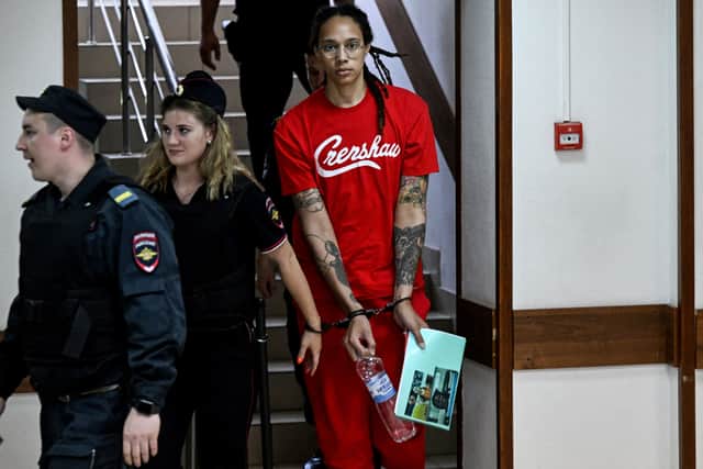 Brittney Griner arrives to a hearing at the Khimki Court for her trial on 7 July (Pic: AFP via Getty Images)