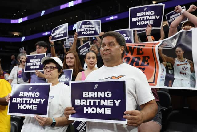 Supporters hold up signs reading “Bring Brittney Home” during a rally to support the release of Brittney Griner (Pic: Getty Images)