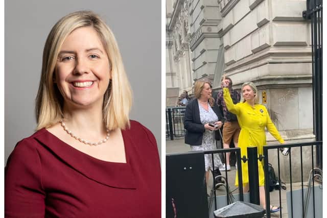 L-R: Andrea Jenkyns’ official parliamentary portrait; a photo of Jenkyns raising her middle finger at protestors (Credit: House of Commons; Alex Clewlow)