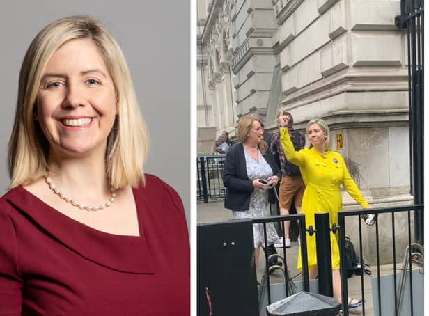 <p>L-R: Andrea Jenkyns’ official parliamentary portrait; a photo of Jenkyns raising her middle finger at protestors (Credit: House of Commons; Alex Clewlow)</p>