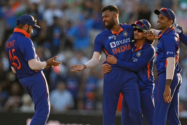 Hardik Pandya and India celebrate a wicket during T20 match against England