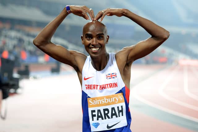 Sir Mo Farah celebrates winning the Men’s 3000m Final during day one of the Sainsbury’s Anniversary Games at The Stadium at Queen Elizabeth Olympic Park, London (Photo: PA/Martin Rickett)