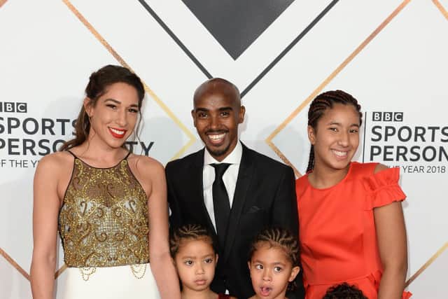 (Top L-R) Tania Nell, Mo Farah, Rhianna Farah (Bottom L-R) Amani Farah, Aisha Farah and Hussein Mo Farah attend the 2018 BBC Sports Personality Of The Year at The Vox Conference Centre on December 16, 2018 in Birmingham, England. (Photo by Jeff Spicer/Getty Images)