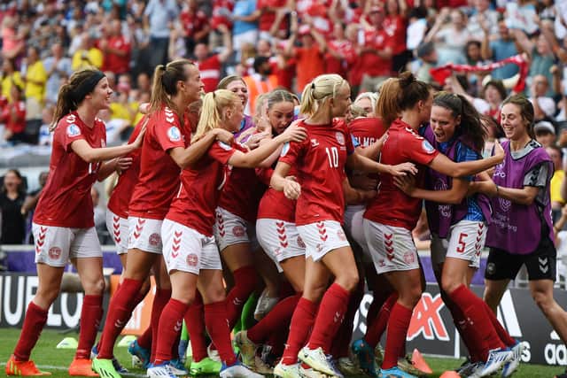Denmark players celebrate a Pernille Harder goal. 