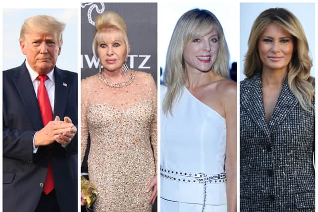 Former US president Donald Trump and his three wives: Ivana Trump (nee Zelníčková), Marla Maples and Melania Trump (nee Knauss).