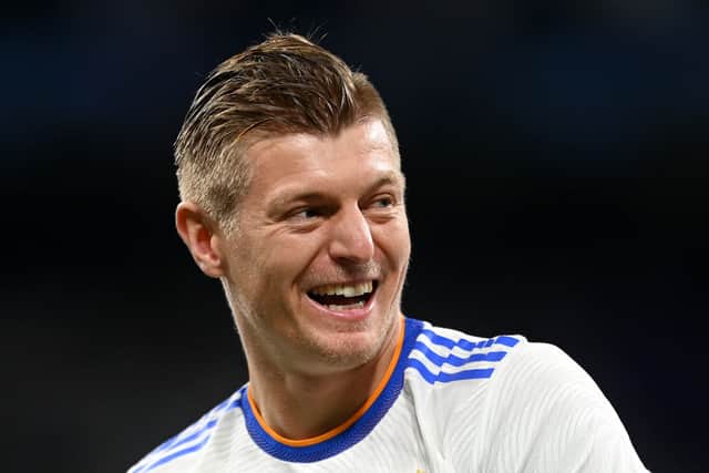 Toni Kroos of Real Madrid celebrates their side’s victory and progression to the UEFA Champions League Final after the UEFA Champions League Semi Final Leg Two match between Real Madrid and Manchester City at Estadio Santiago Bernabeu on May 04, 2022 in Madrid, Spain. (Photo by Michael Regan/Getty Images)