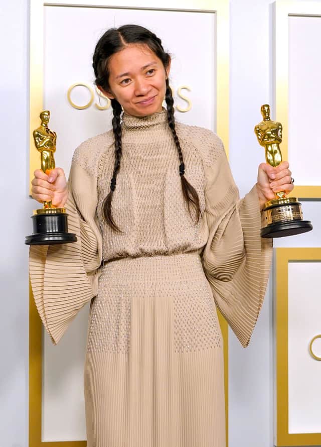 Director/Producer Chloe Zhao, winner of Best Directing and Best Picture for “Nomadland,” poses in the press room at the Oscars on Sunday, April 25, 2021, at Union Station in Los Angeles. (Photo by Chris Pizzello-Pool/Getty Images)