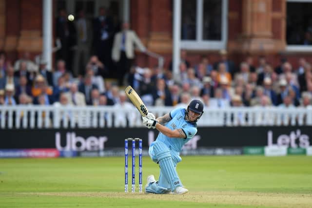 Stokes smashes a six during his World Cup final performance against New Zealand 2019