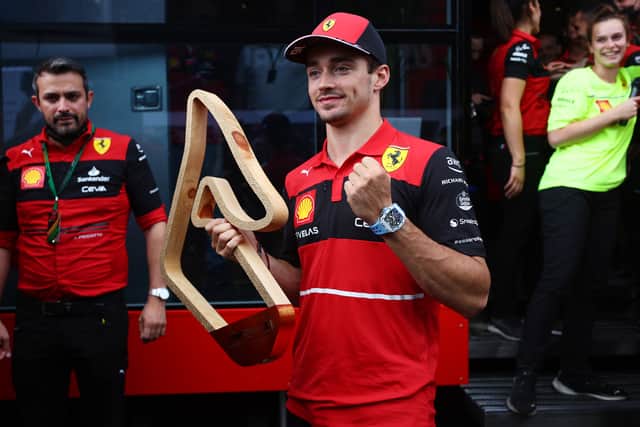 Leclerc celebrates his win at the Austrian GP on 10 July 