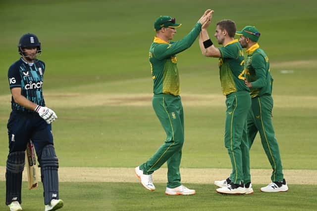 Anrich Nortje celebrates a wicket as South Africa win first ODI v England