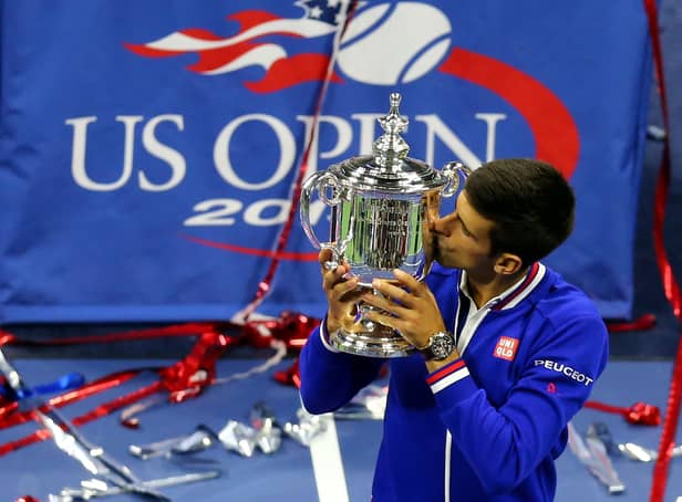 <p>Djokovic celebrates US Open win in 2015</p>