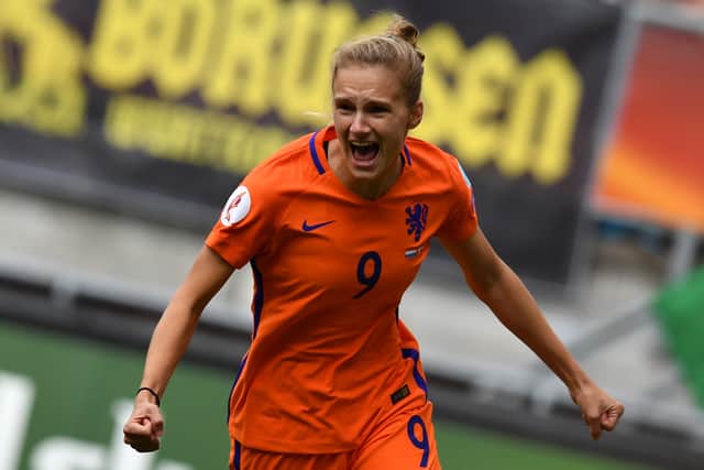 Vivianne Miedema celebrates scoring in Netherlands win over Denmark in 2017 final