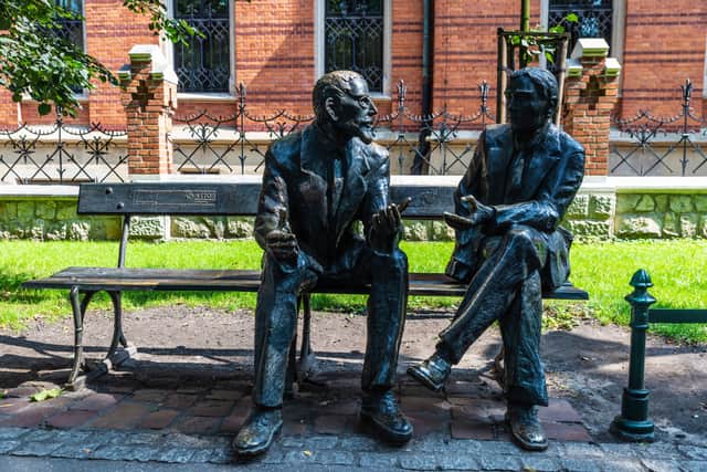 A statue of the Otto Nikodym and Stefan Banach Memorial Bench, both mathematicians,  sculpted by Stefan Dousa in Krakow, Poland (Photo: Adobe Stock)