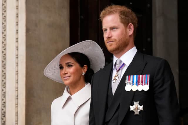Prince Harry and Meghan Markle, Duke and Duchess of Sussex attend the service of thanksgiving for the reign of Queen Elizabeth II at St Paul’s Cathedral in London (Pic: Getty Images)