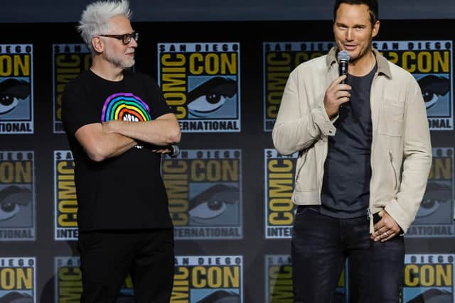 James Gunn and Chris Pratt speak onstage at the Marvel Cinematic Universe Mega-Panel during 2022 Comic Con International: San Diego at San Diego Convention Center on July 23, 2022