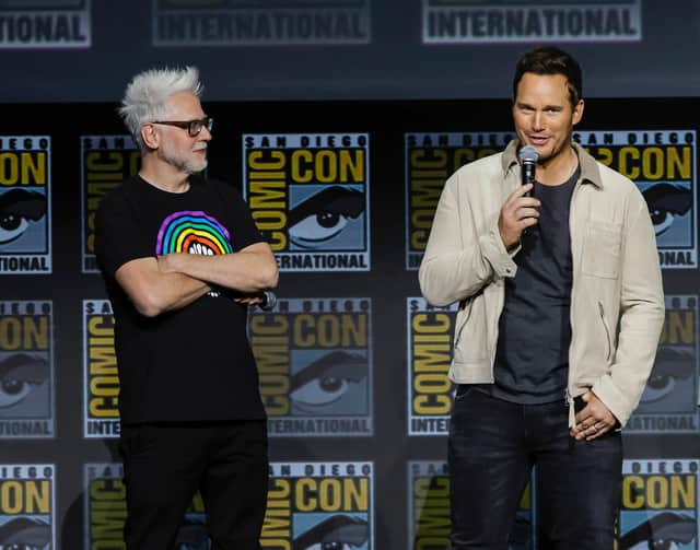 James Gunn and Chris Pratt speak onstage at the Marvel Cinematic Universe Mega-Panel during  San Diego Comic Con 2022 (Pic: Getty Images) 