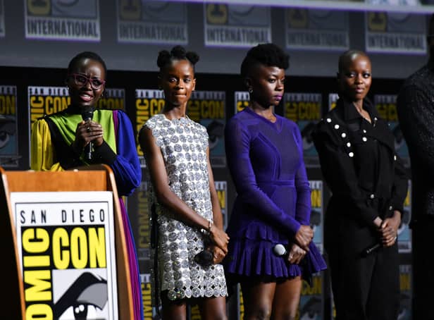 <p> Actors Lupita Nyong’o, Letitia Wright, Danai Gurira, Florence Kasumba and Winston Duke present “Black Panther: Wakanda Forever” during San Diego Comic Con (Pic: AFP via Getty Images) </p>