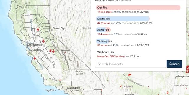 Wildfires in California as of 24 July. Screenshot from Cal Fire website