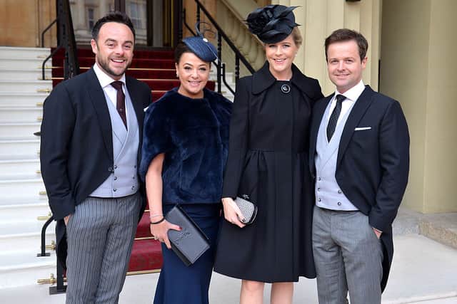 TV presenters Ant and Dec and their wives Lisa Armstrong and Ali Astall arrive at Buckingham Palace, where the pair will be awarded OBEs by the Prince of Wales at an Investiture ceremony on January 27, 2017 in London, United Kingdom. (Photo by John Stillwell - WPA Pool/Getty Images)