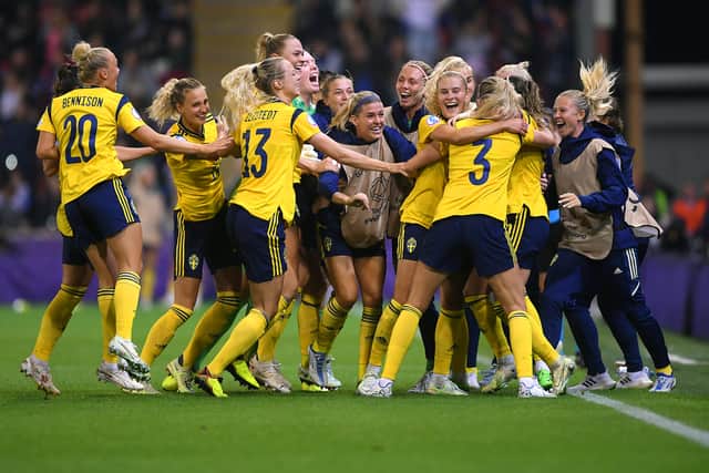 Sembrant and her teammates celebrate scoring in extra-time to beat Belgium