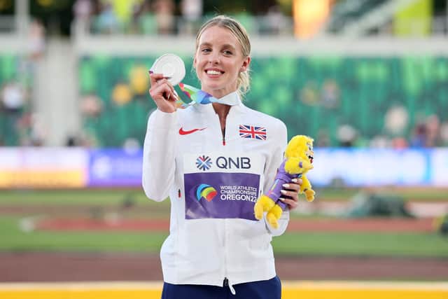 Silver medalist Keely Hodgkinson of Team Great Britain poses during the medal ceremony for the Women’s 800m (Getty Images)