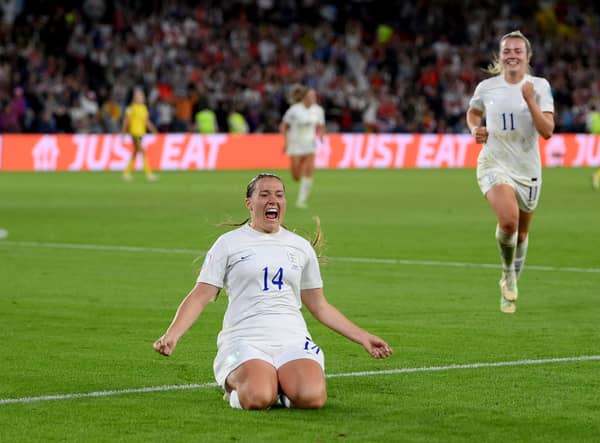 Fran Kirby celebrates fourth goal of the match in England’s semi final against Sweden