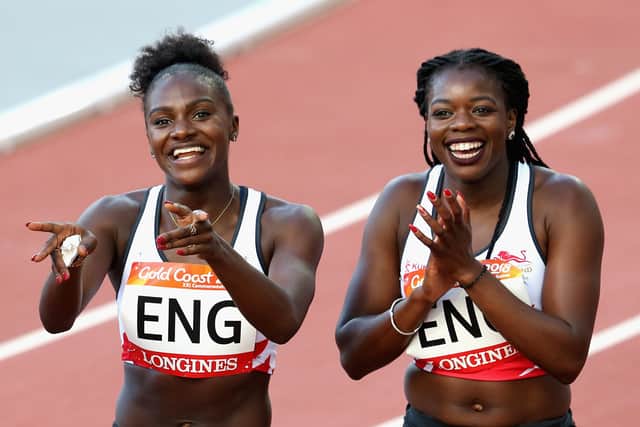 Asher-Smith, left, celebrates gold at Gold Coast Commonwealth Games 2018