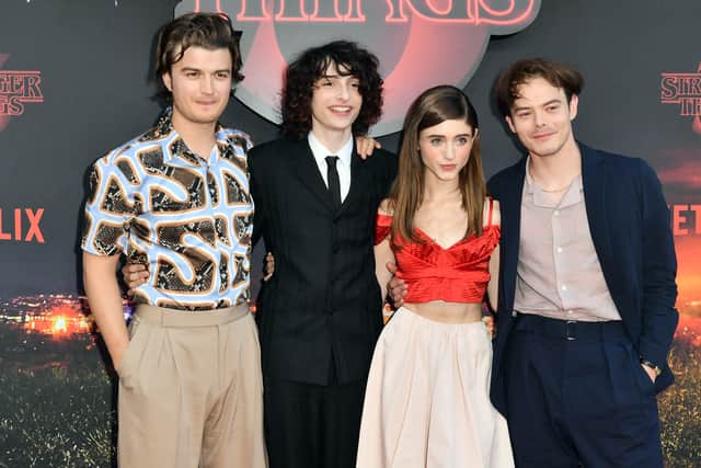 Natalia Dyer with boyfriend Charlie Heaton (R), Finn Wolfhard, and Joe Keery at the Stranger Things season 3, premiere in Paris. (Photo by Dominique Charriau/Getty Images For Netflix)