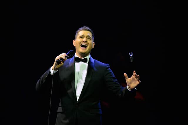 Singer Michael Buble performs at Prudential Center on September 28, 2013.