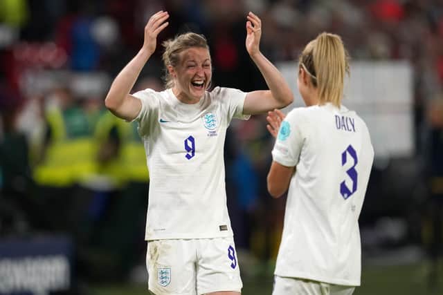 England’s Ellen White and Rachel Daly celebrate winning the Women’s Euros 2022 semi-final match against Sweden