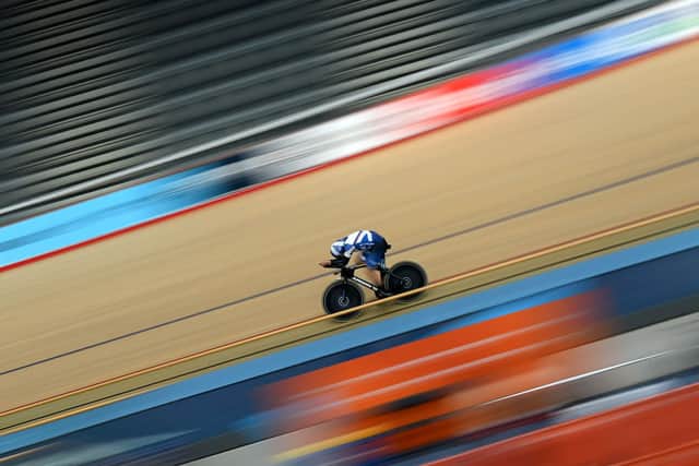 Rider from Team Scotland during practice at the velodrome ahead of the Birmingham 2022 Commonwealth Games on July 27, 2022. (Photo by Justin Setterfield/Getty Images)