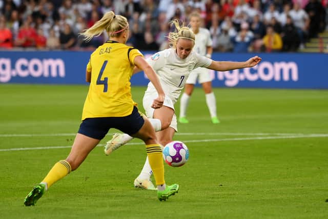 Mead scores her sixth goal of the tournament against Sweden 