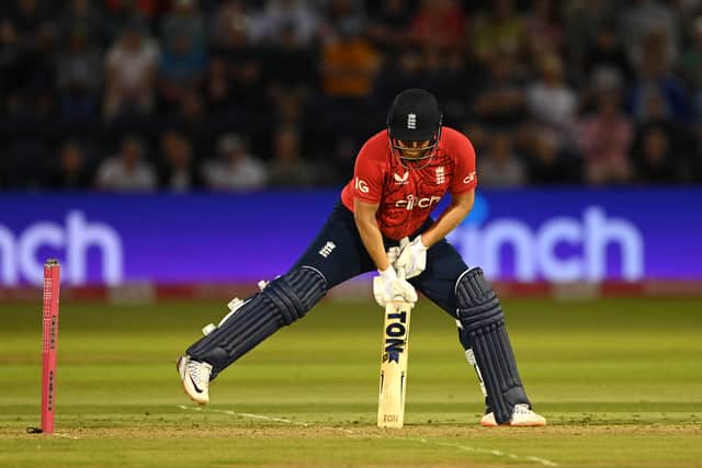 England batsman Jonny Bairstow plays a shot between his legs tp the boundary during the 2nd Vitality IT20 match between England and South Africa at Sophia Gardens on July 28, 2022 in Cardiff, Wales. 