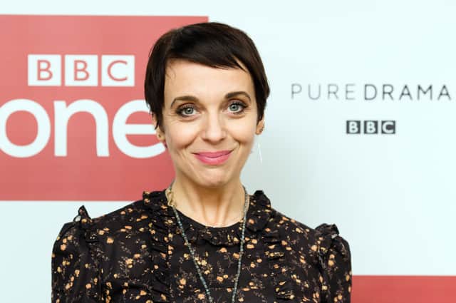 Amanda Abbington at a Sherlock screening, stood in front of a backdrop reading ‘PURE DRAMA’ (Credit: Jeff Spicer/Getty Images)