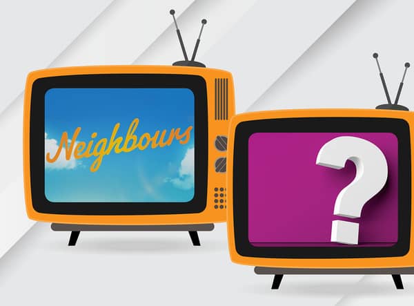 Two orange clipart televisions. On one, on the left, is the Neighbours title screen. On the other, to the right and in the foreground, is a big question mark (Credit: NationalWorld)