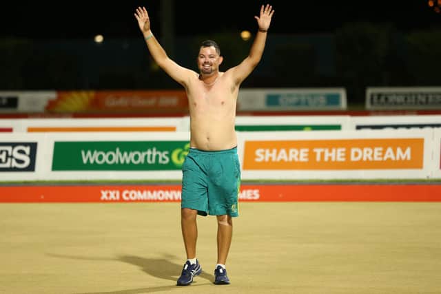 Aaron Wilson of Australia - in what was possibly a bowls first - took his top off when he won the Commonwealth men’s singles title in 2018 (image: Getty Images)
