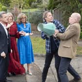 (left-right) Stefan Dennis, Lucinda Cowden, Annie Jones, Guy Pearce, and Geoff Paine in Neighbours. Picture: PA