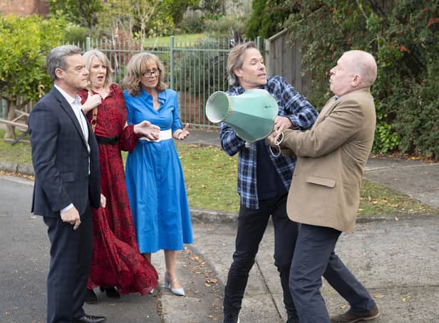 <p>(left-right) Stefan Dennis, Lucinda Cowden, Annie Jones, Guy Pearce, and Geoff Paine in Neighbours. Picture: PA</p>