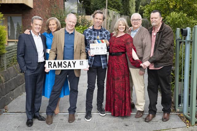 (left-right) Stefan Dennis Annie Jones, Geoff Paine, Guy Pearce, Lucinda Cowden, Ian Smith and Paul Keane in Neighbours finale. Picture: PA